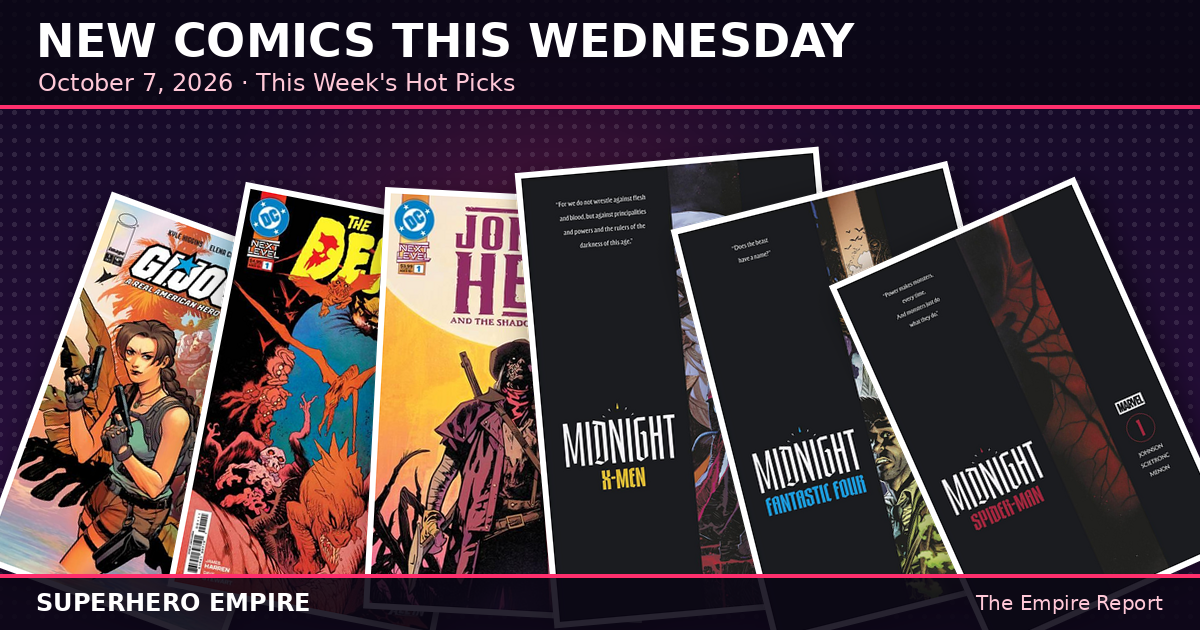 New Comics This Wednesday, October 7, 2026 - this week's hot picks fanned out (G.I. Joe/Tomb Raider #1, Demon #1, Jonah Hex and the Shadow of Death #1, Midnight X-Men #1, Midnight Fantastic Four #1, Midnight Spider-Man #1)