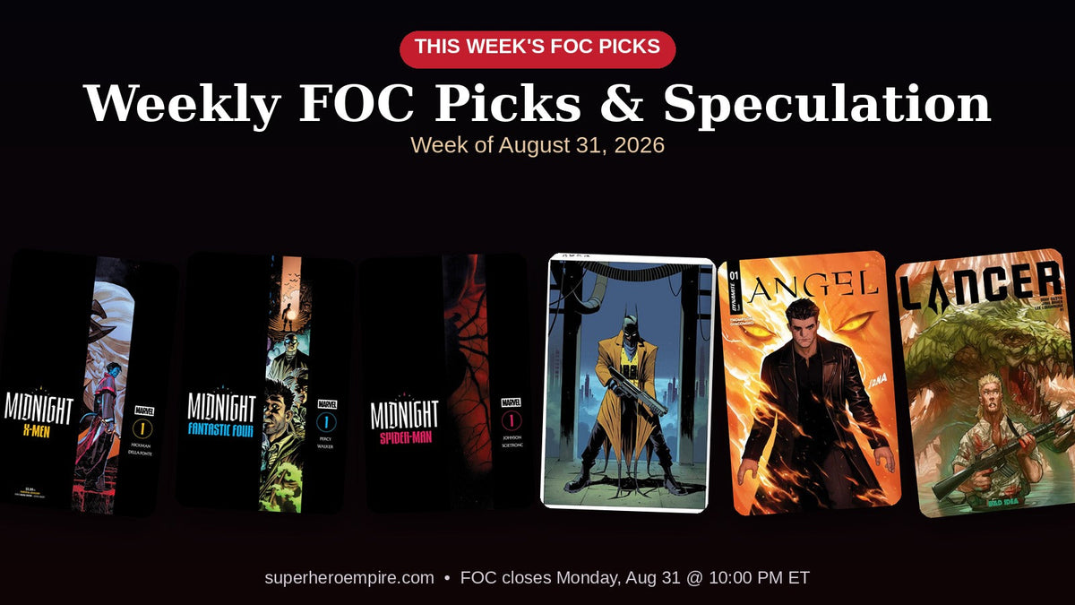 Weekly FOC Picks & Speculation — Week of August 31, 2026: cover art collage for Midnight X-Men #1, Midnight Fantastic Four #1, Midnight Spider-Man #1, Absolute Batman #24, Angel #1, and Lancer #1