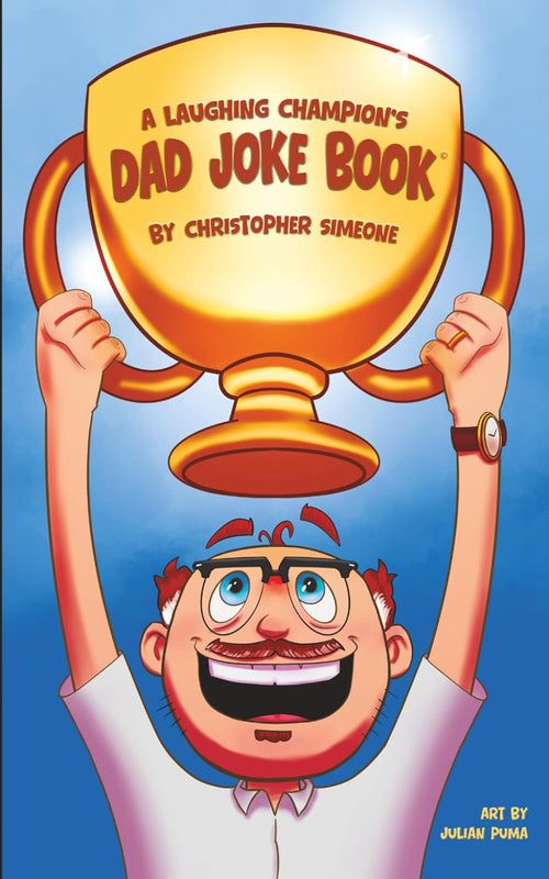 Book cover of 'A Laughing Champion's Dad Joke Book' with a cartoon character holding a trophy.