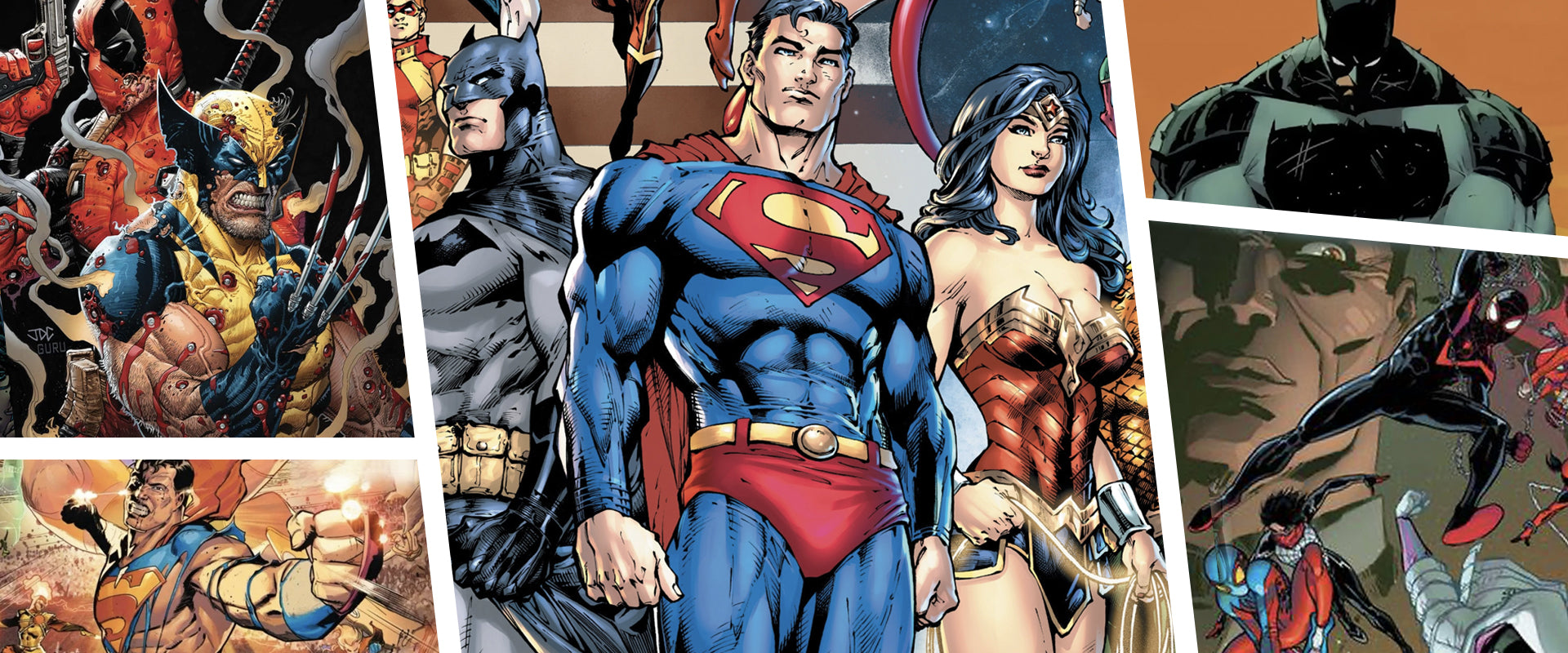 Collage of superhero characters including Superman and Wonder Woman.