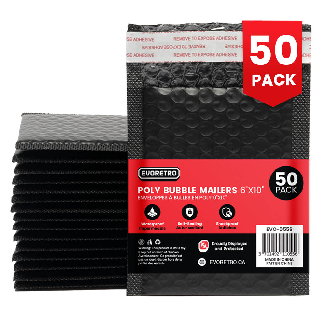 EVORETRO 50x Poly Bubble Mailers  6x10" – Black Protective Shipping Envelopes
