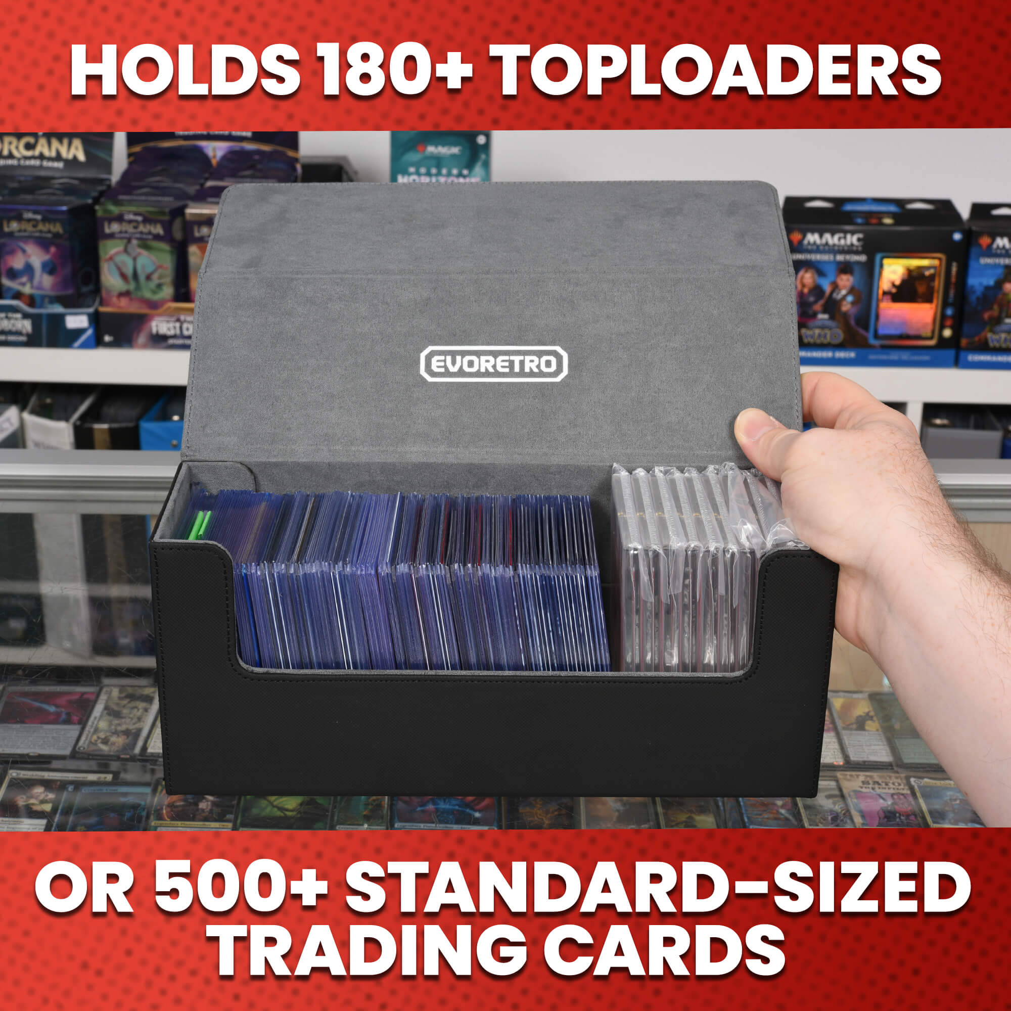 EVORETRO Magnetic Card Holder - 180+ Toploaders or 500+ Trading Cards | Black/Grey